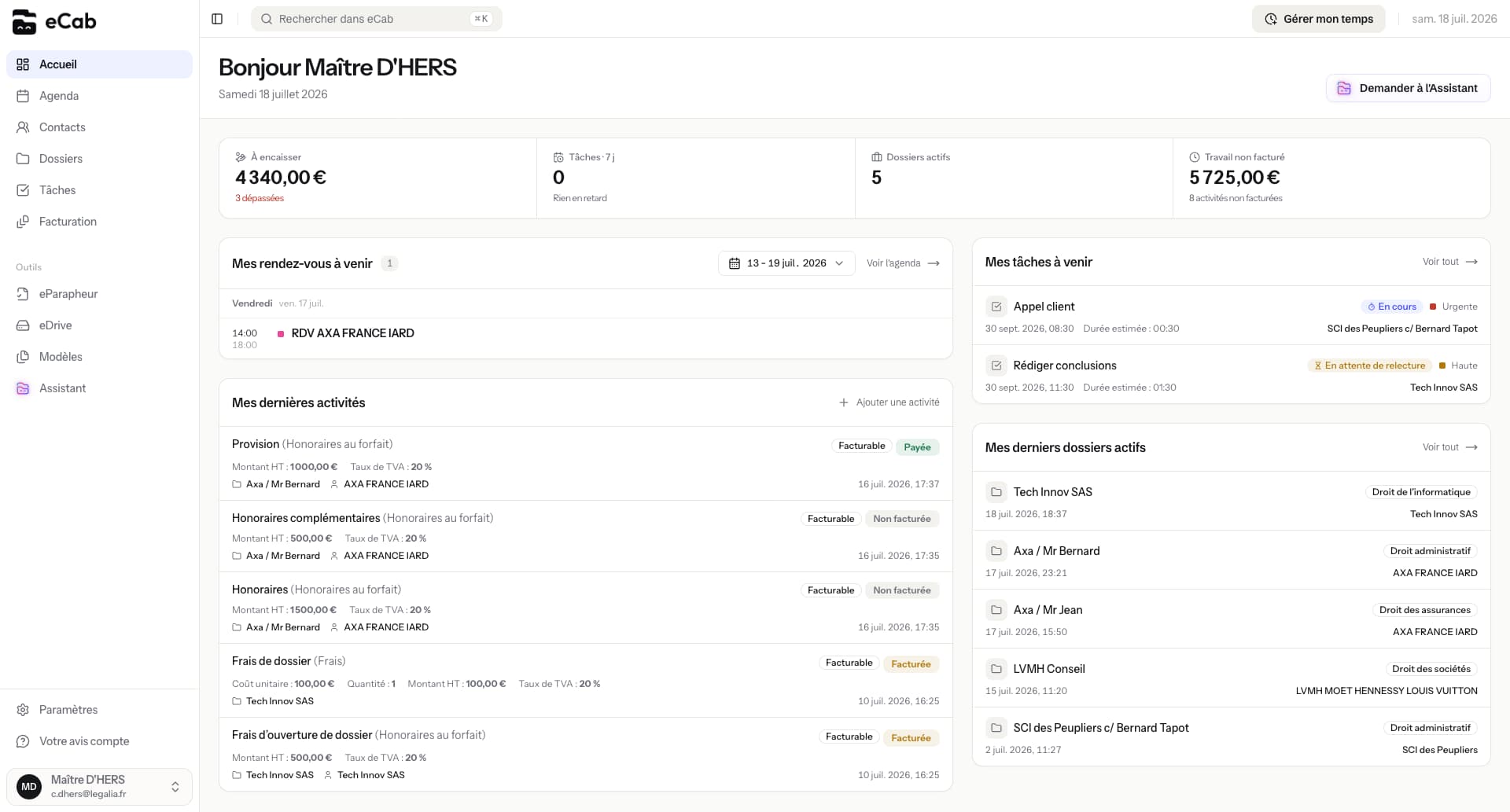 Tableau de bord eCab : rendez-vous du jour, tâches à venir, temps imputé et facturation d'un cabinet.